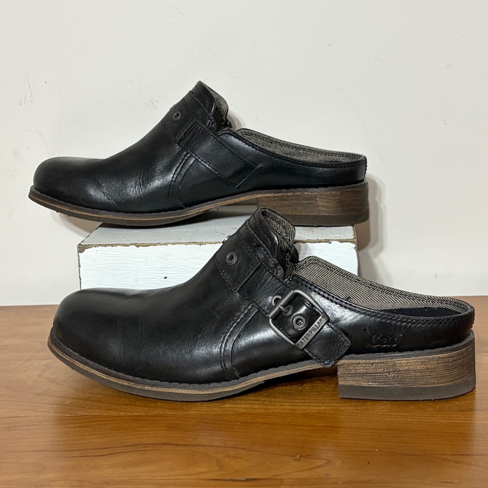 Caterpillar Cat Womens Black Leather Buckle Mules Clogs T1205.01 Size 7
